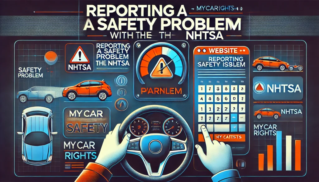 A professional image illustrating how to report a vehicle safety problem to the NHTSA, including car dashboard warning lights, a driver making a phone call, and a website form.