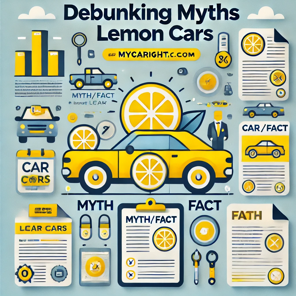 Illustration showing a lemon car with myth and fact icons, representing the concept of debunking common myths about lemon cars in a minimalistic style with yellow and grey colors.